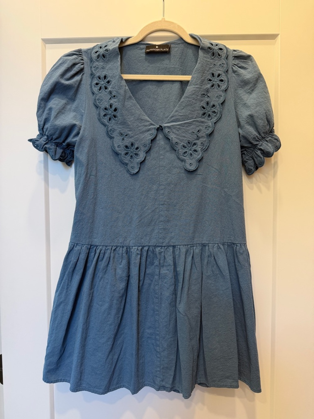 Pomander Place Blue Eyelet Collar Puff Sleeve Mini Dress